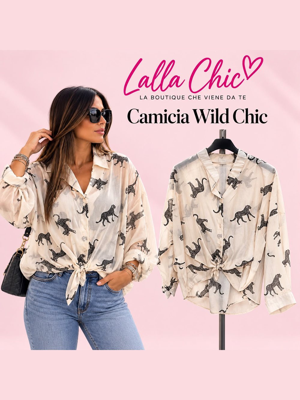 Camicia leggera a stampa leopardi, annodata in vita