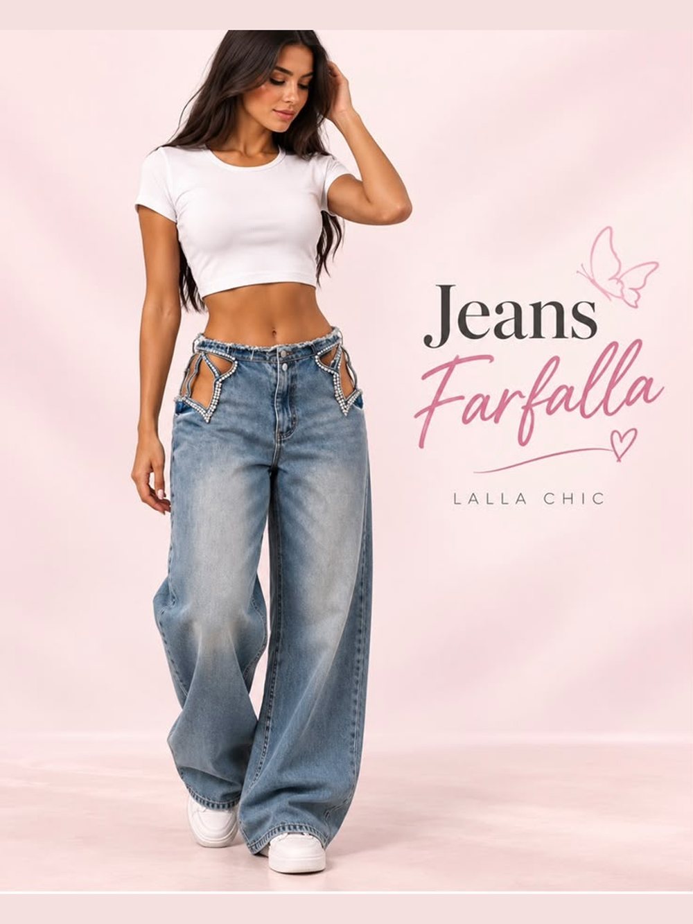 Jeans wide leg chiari con farfalle sulle tasche