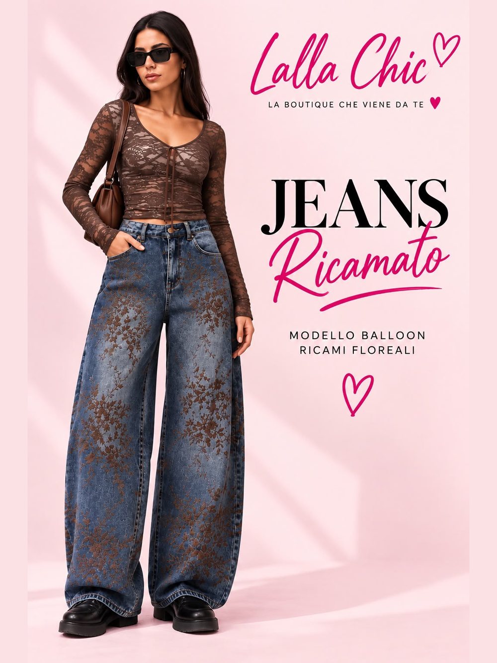 Jeans balloon con ricami floreali, indossati